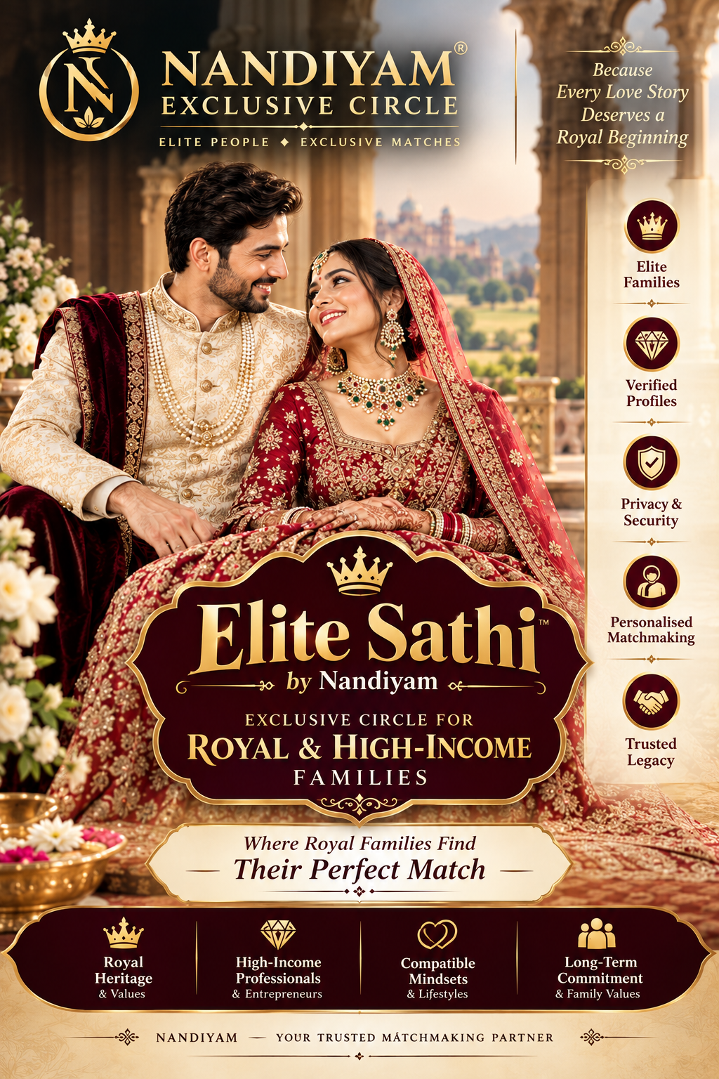 EliteSathi.in — Because every love story deserves a royal beginning. Elite families, verified profiles, personalised matchmaking.