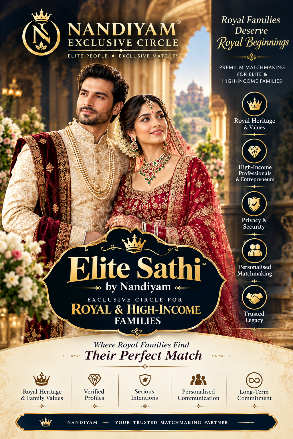EliteSathi.in — Royal families deserve royal beginnings. Premium matchmaking for elite and high-income families.