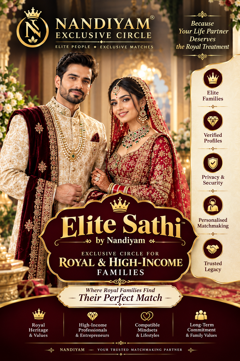 EliteSathi.in — Beyond matches, building royal families. Elite families, verified profiles, privacy and security, personalised matchmaking, trusted legacy.